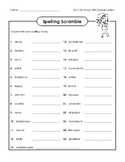 Word Scramble (E-26) Spelling E Worksheet