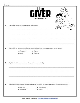 Questions for Chapters 11-14 Book The Giver Worksheet