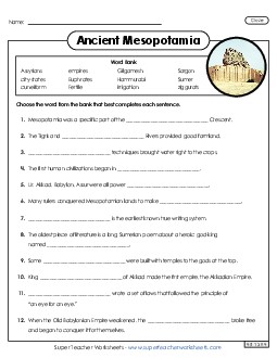 Cloze Activity: Mesopotamia 6th Grade Social Studies Worksheet