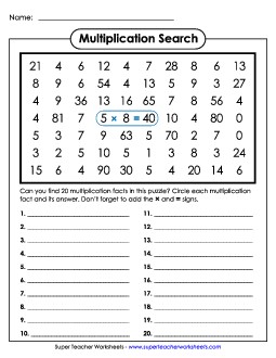 Multiplication Number Search: 0-10 Worksheet