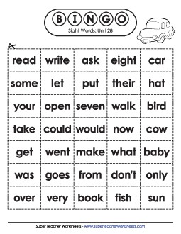 Sight Word Bingo (Unit 28) Sight Words Worksheet