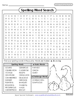 Word Search (Thanksgiving) Spelling F Worksheet