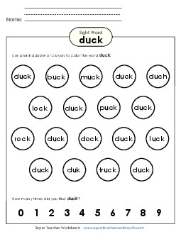 Dab or Color: Duck Sight Words Individual Worksheet