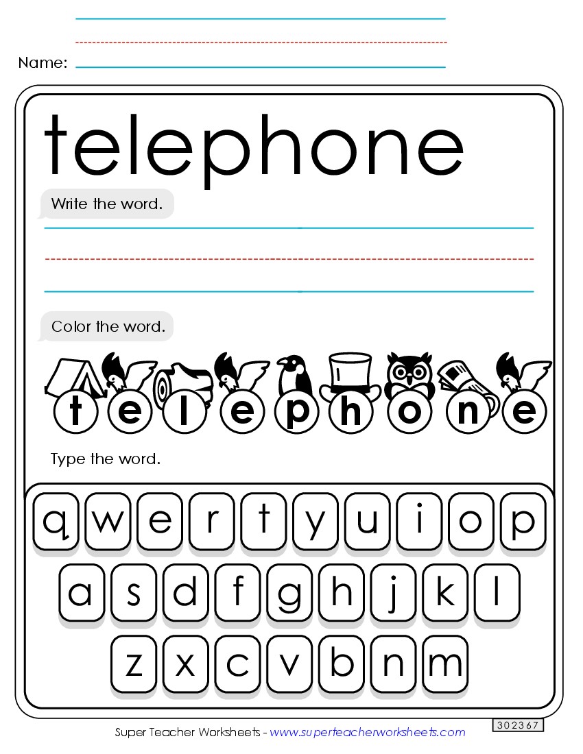 Write, Color, Type: Telephone Sight Words Individual Worksheet