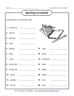 Word Scramble (C-School Words)  Spelling C Worksheet