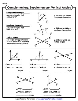 Introduction to Complementary, Supplementary, & Vertical Angles Worksheet