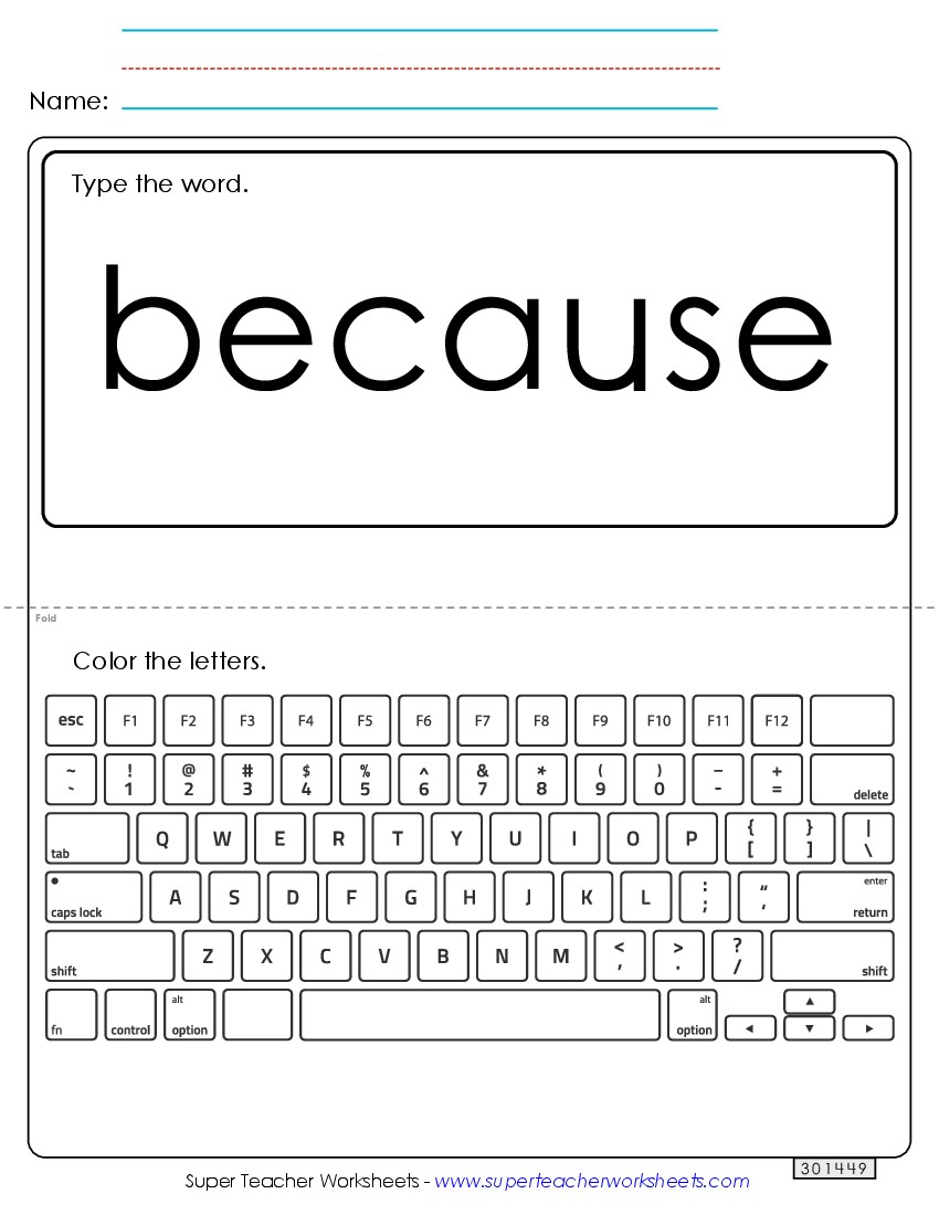 Type the Word: Because Sight Words Individual Worksheet