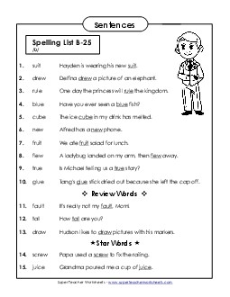 Spelling Test Sentences (B-25) Free Spelling B Worksheet