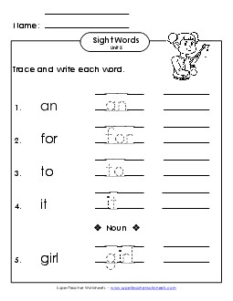 Read, Trace, Write (Unit 5) Sight Words Worksheet