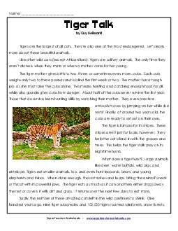 Tigers 4th Grade Reading Comprehension Worksheet