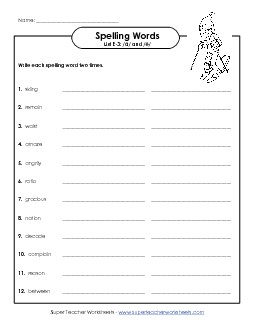 Write Words Twice (E-3) Spelling E Worksheet