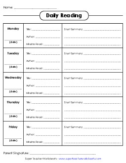 Reading Log w/ Summary Reading Logs Worksheet