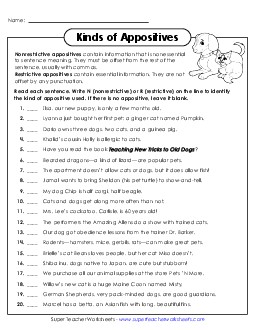 Restrictive and Nonrestrictive Appositives  6th Grade ELA Worksheet