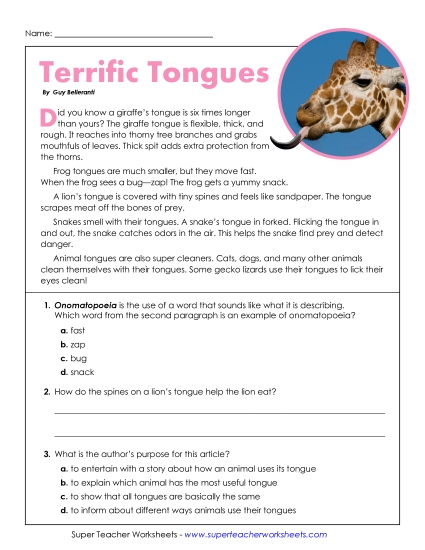 New Terrific Tongues (Short Nonfiction) Worksheet New Terrific Tongues (Short Nonfiction) Worksheet