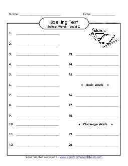 Spelling Test (C-School Words)  Spelling C Worksheet