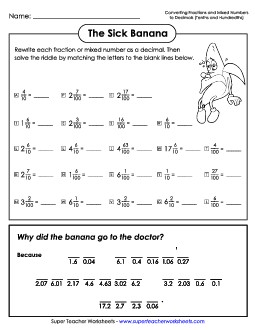 Math Riddle: Sick Banana (Tenths and Hundredths) Decimals Worksheet