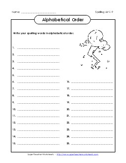 ABC Order: Write List (E-9) Spelling E Worksheet