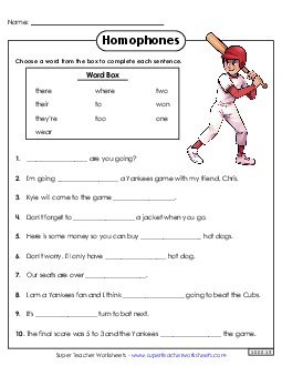 Homophone Baseball Sentences Free 3rd Grade ELA Worksheet