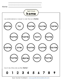 Dab or Color: Home Sight Words Individual Worksheet