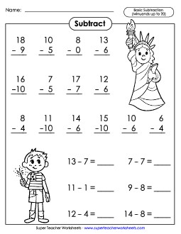 Basic Subtraction Facts: Patriotic Worksheet