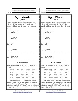 Take-Home List (Unit 21)  Sight Words Worksheet