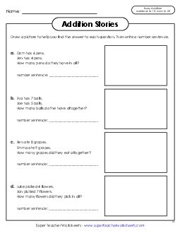 Addition Stories Word Problems w/ Sums to 20 Worksheet