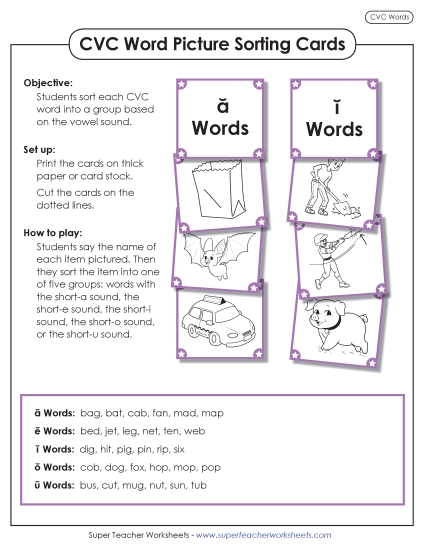 New CVC Word Vowel-Sorting Picture Cards Worksheet New CVC Word Vowel-Sorting Picture Cards Worksheet