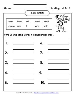 ABC Order: Write List (A-12) Spelling A Worksheet