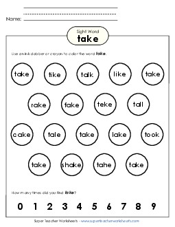 Dab or Color: Take Sight Words Individual Worksheet