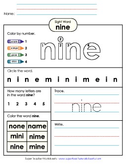 Worksheet 4: Nine Sight Words Individual Worksheet