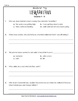 Questions for Chapters 9 and 10 Book Bridge To Terabithia Worksheet