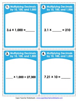 Task Cards: Multiplying Decimals by 10, 100, and 1,000 Worksheet