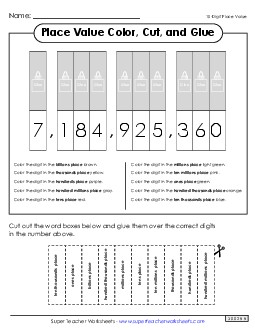 Place Value Color, Cut, and Paste Activity (10 digits) Free Worksheet