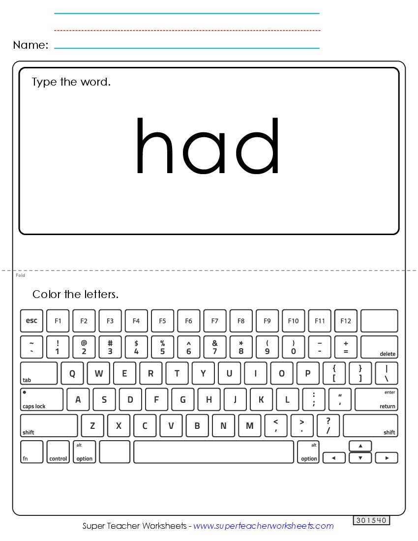 Type the Word: Had Sight Words Individual Worksheet