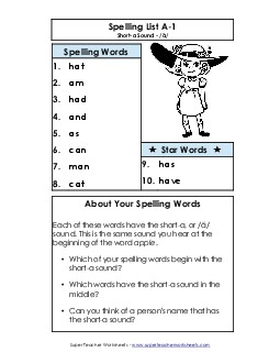 Spelling Word List A-1 Free Spelling A Worksheet