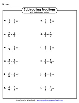 Subtraction Fractions w/ Unlike Denominators (Horizontal) Worksheet