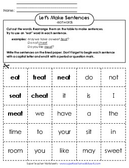 Make Sentences: Word Cards (-eat) Word Families Worksheet