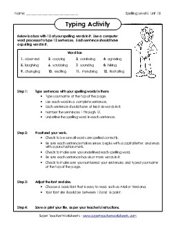 Typing Sentences (E-18) Spelling E Worksheet