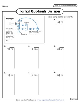 Partial Quotients 2-Digit by 1-Digit Division (with Remainders) Worksheet