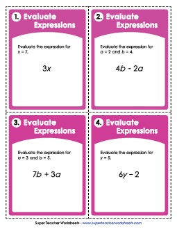 Task Cards (Basic) Expressions Evaluate Worksheet