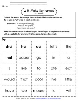 Make Sentences: Word Cards (-ut) Word Families Worksheet