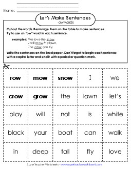 Make Sentences: Word Cards (-ow) Word Families Worksheet