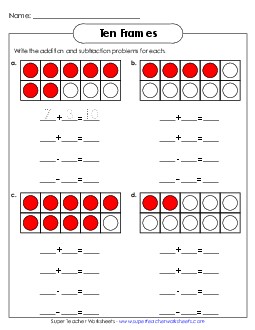 Ten Frames: Add and Subtract (Sums to 10) Worksheet