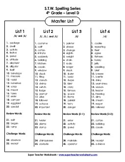 Grade 4: Master Word List Spelling D Worksheet