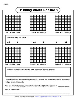 Thinking About Decimals (Tenths and Hundredths) Worksheet