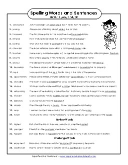 Spelling Test Sentences (D-17) Spelling D Worksheet