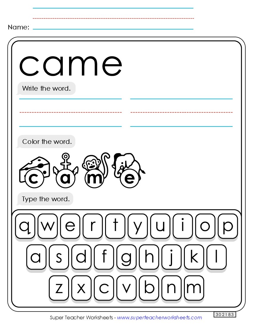 Write, Color, Type: Came Sight Words Individual Worksheet