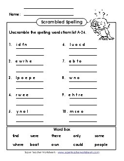 Word Unscramble (A-24) Spelling A Worksheet