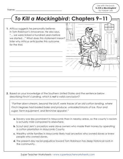 New Questions for Chapters 9–11<br>To Kill a Mockingbird Worksheet