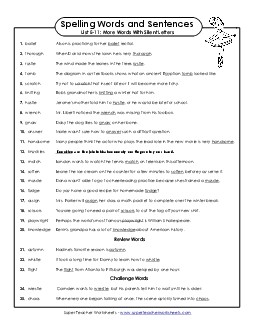 Spelling Test Sentences (E-11) Spelling E Worksheet